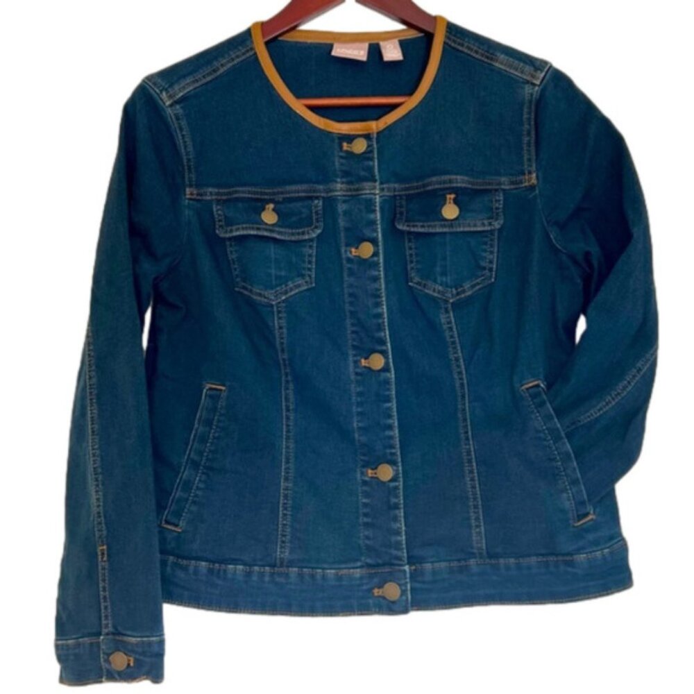 CHICOS Size 0 Ladys XS X-Small Small Dark Denim With Trim Jean Jacket